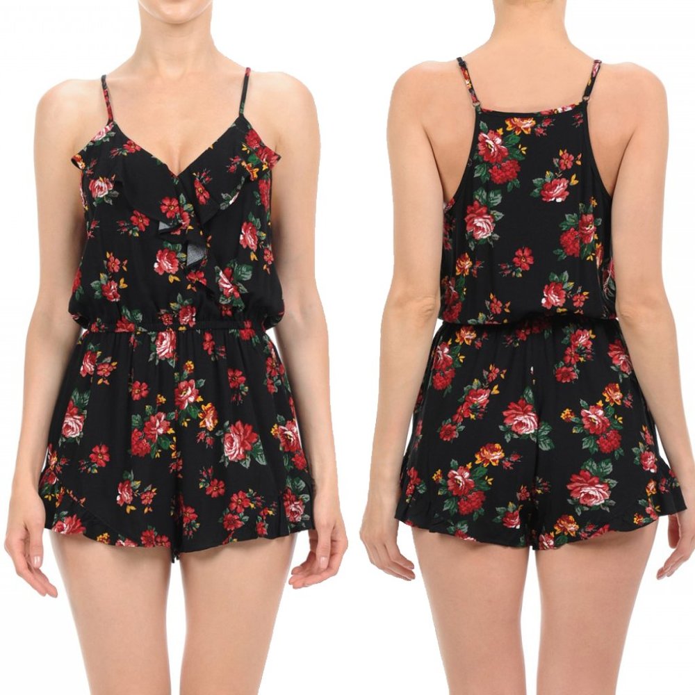 Floral Print Ruffled Romper Black - Picture 7 of 7